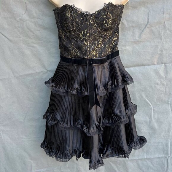 Betsey Johnson Evening Sz 6 Black Pleated Gold Lace Strapless Mini Dress Corset - Picture 1 of 6